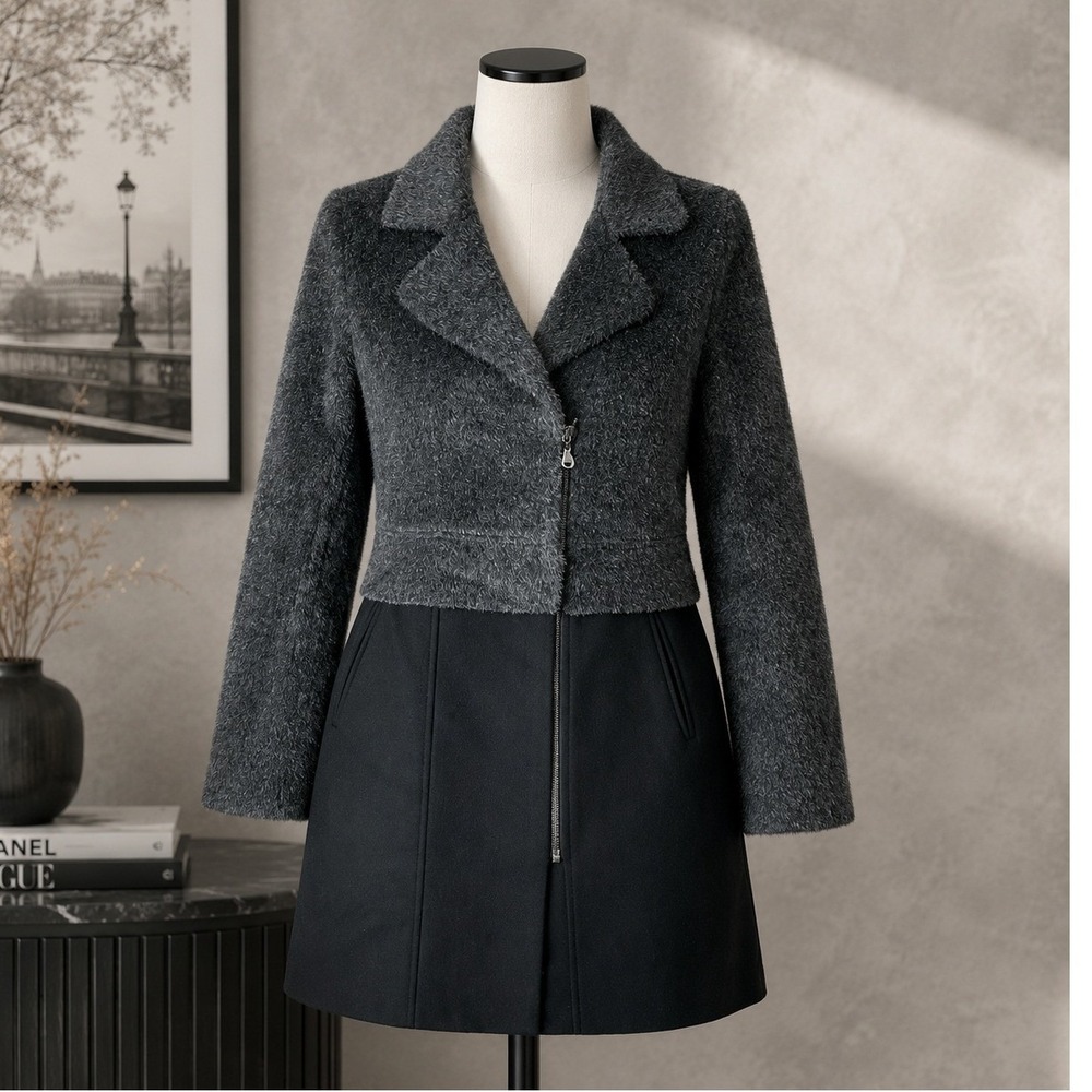 Trina Turk Two Tone Wool Alpaca Zip Front Coat Blazer Style‎ Black Gray Size 10